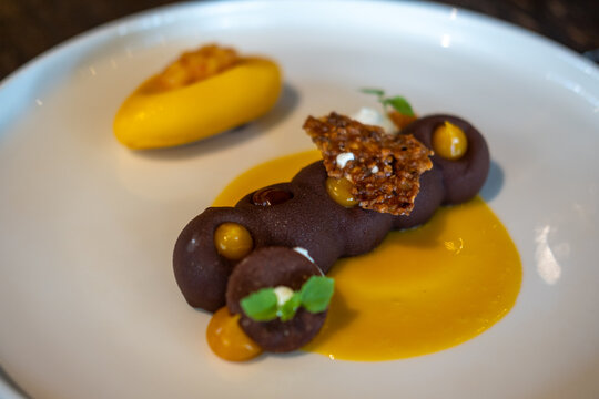 Dark chocolate mousse with mango puree, crispy tuile, and mango sorbet served on a white dish.