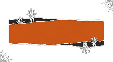 Halloween banner with skeleton hands on torn orange paper