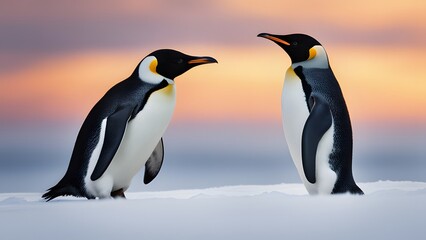 Obraz premium Cute penguins resting side by side on icy snow field during winter season
