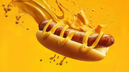 hot dog grilled sausage in a bun with mustard sauce . aspect ratio 16:9