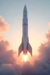Sleek white rocket preparing for launch at dawn in an ultra-modern sci-fi spaceport, mist and soft light create depth, background designed 