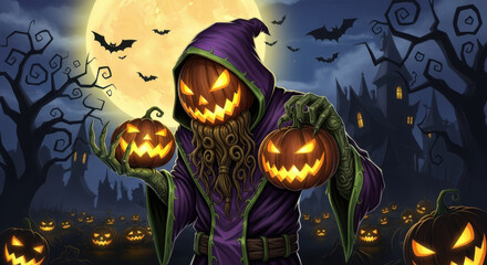 Scary halloween pumpkin monster with glowing pumpkins in the night