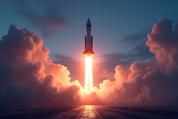 Futuristic rocket launching from a high-tech platform under twilight sky with dramatic lighting and glowing vapor trails, detailed background , cinematic atmosphere