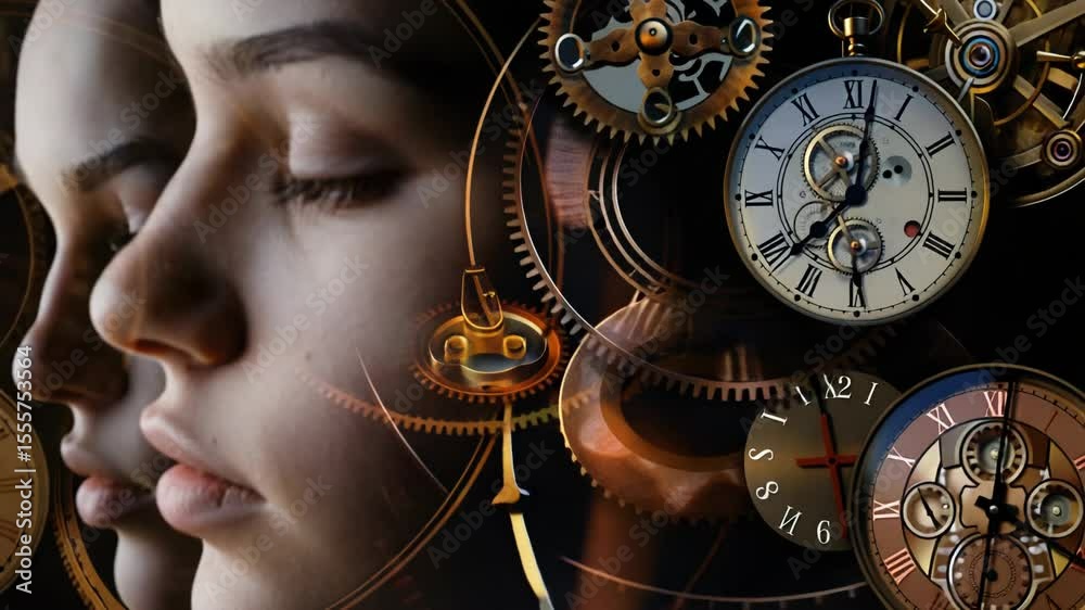 Poster a close-up shot of a woman's face with a clock visible in the background, ideal for use in lifestyle