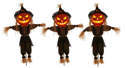 Three halloween scarecrows with pumpkin heads isolated on white