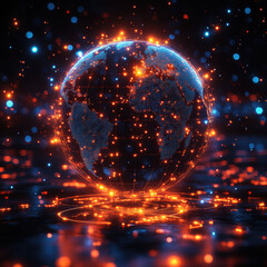 Minimalist illustration of a sleek globe, with glowing digital connections on transparency background