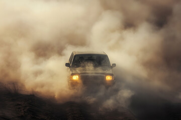 SUV driving through thick desert dust in a dramatic off-road adventure scene