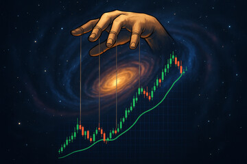 Cosmic puppet master manipulating market chart