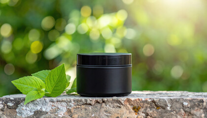 Black Matte Circular Tin Jar Mockup with Greenery