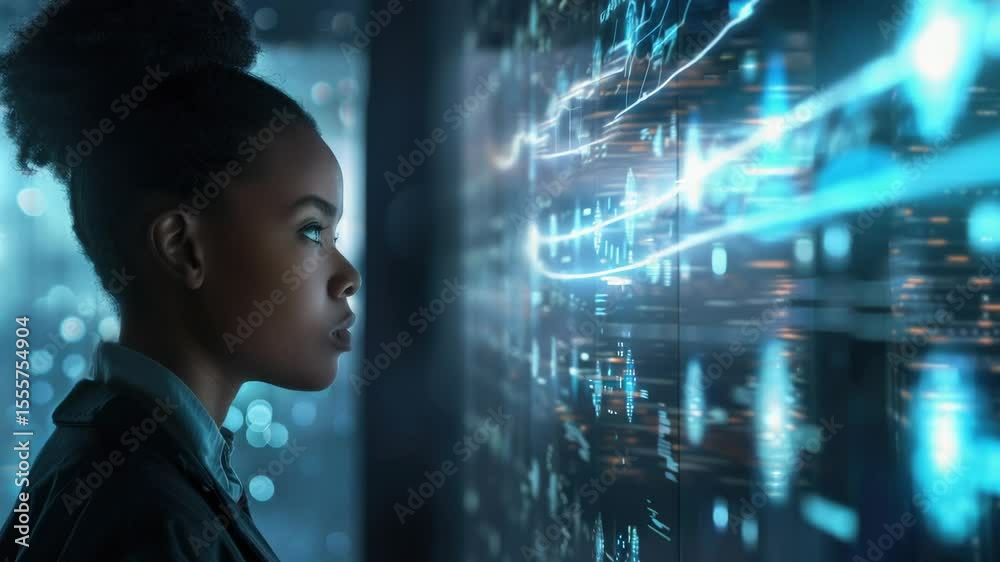 Poster A person stands before a vast expanse of digital information, ready to analyze and process the data