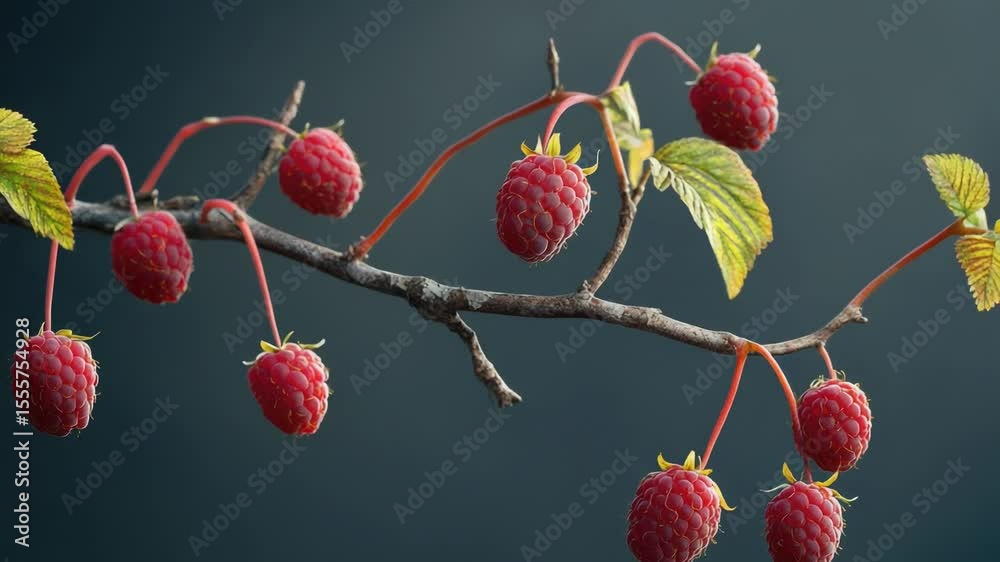 Poster fresh raspberries hang from a tree branch, perfect for a still life or food-related image