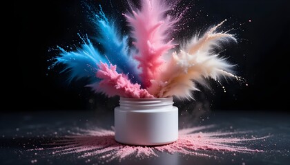 Ai generated image of a vibrant explosion of blue, pink, and beige powder erupts from a white jar