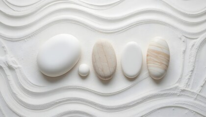 Ai generated image of smooth white stones arranged on wavy sand