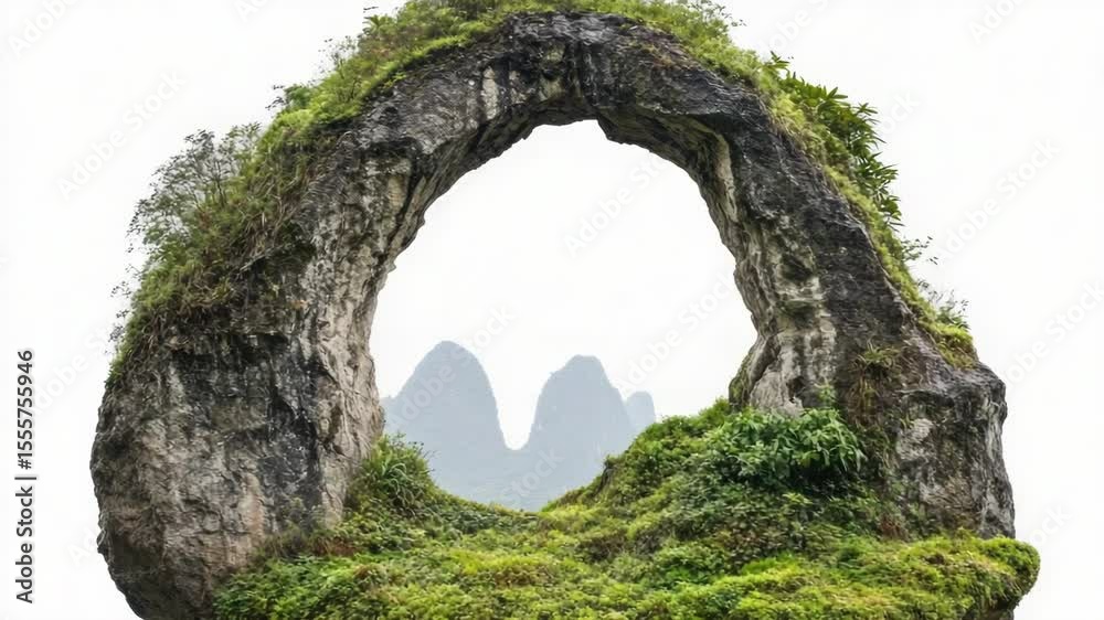 Poster a large rock with a hole in the middle, suitable for use in geological or nature-themed illustration
