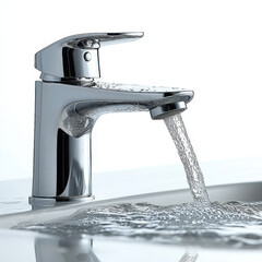 Modern chrome faucet with flowing water and splashing drops