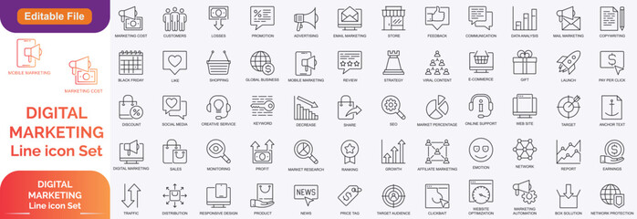 Digital marketing set of web icons in line style. Marketing icons for web and mobile app. Communication, advertising, e commerc, seo, content, product, target audience, website, social media and more.