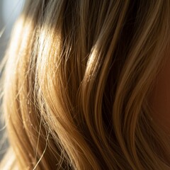 Naklejka premium Closeup of Blonde Wavy Hair with Golden Highlights and Soft Lighting