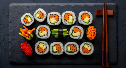Top View of Sliced Vegetable Sushi on Slate