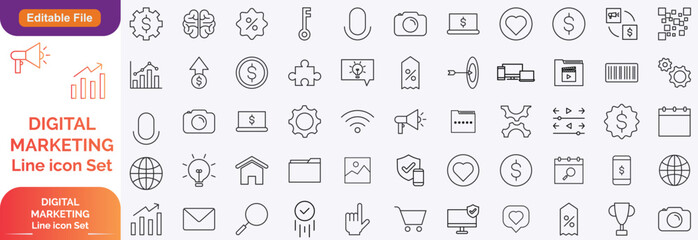 Digital marketing set of web icons in line style. Marketing icons for web and mobile app. Communication, advertising, e commerc, seo, content, product, target audience, website, social media and more.