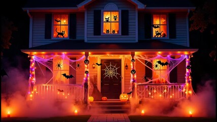 A charming house transforms into a Halloween wonderland at night, featuring vibrant lights, cobwebs, spooky creatures, and glowing pumpkins that capture the holiday spirit