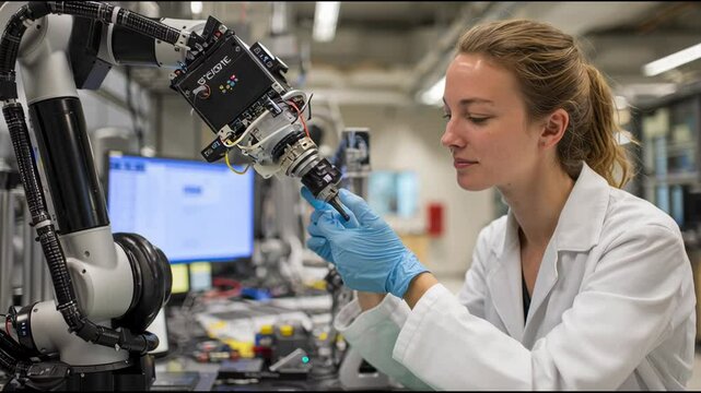 In a well-equipped lab, a female scientist carefully analyzes a robotics component attached to an advanced robotic arm. She demonstrates skill and focus while working