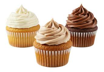 Isolated Assortment of Three Cupcakes with Different Frostings