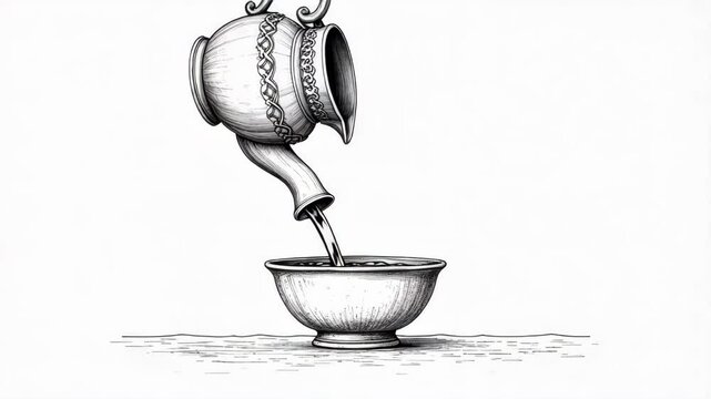Capture the essence of culinary tradition with this illustration of olive oil gracefully pouring from a ceramic pitcher into a waiting bowl, available in 4k resolution.