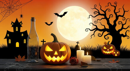 Three spooky pumpkins sit before a giant moon on halloween night