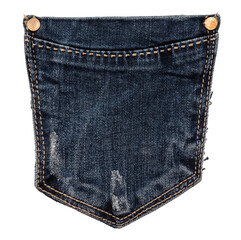 Piece of torn denim on a white background. Denim texture. Pocket