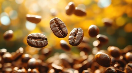 Fototapeta premium Coffee beans in mid-air, autumnal background