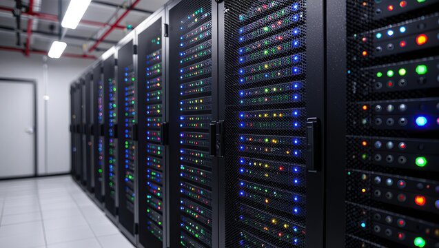 Data center shows rows of server racks with blinking lights in a technologically advanced and secure environment.