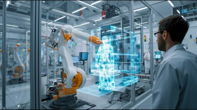 A robotic arm operates seamlessly in a modern laboratory, showcasing advanced automation technology as it interacts with digital holograms and smart systems