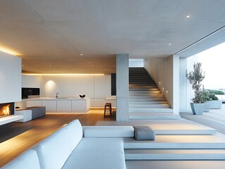 Modern Minimalist Living Room with White Sofa and Open Kitchen Area