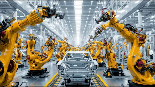 In a cutting-edge factory, robotic arms efficiently assemble the chassis of a modern vehicle. The environment showcases advanced technology and precision engineering