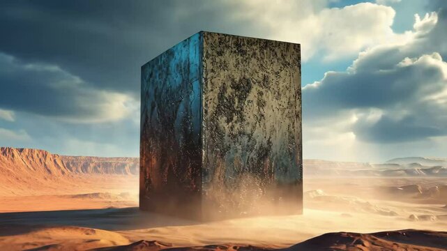 Mysterious cuboid structure stands alone in a vast alien landscape under dramatic skies, Mysterious sci fi cuboid on alien landscape 3D render