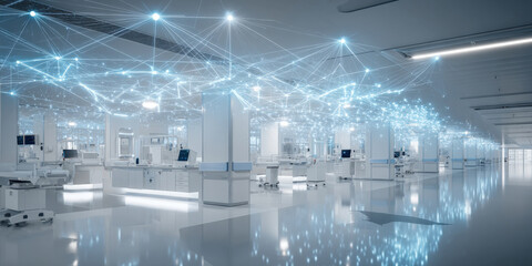 Seamless Connectivity in Healthcare: A Modern Hospital's Interior Illuminated by Digital Network Lines, Showcasing Advanced Technology.
