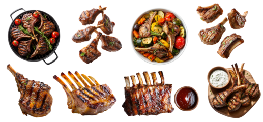 Set of rack of lamb rib leg, chop steak, with seasoning, barbeque bbq grill, plate, wooden serving board, sauce, pile stack isolated on transparent cutout PNG. Mockup template for design	