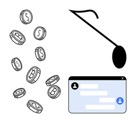 Digital coins in motion, phishing hook symbolizing cyber threats, and online chat interface. Ideal for cybersecurity, phishing awareness, finance, fraud prevention, digital safety, IT security