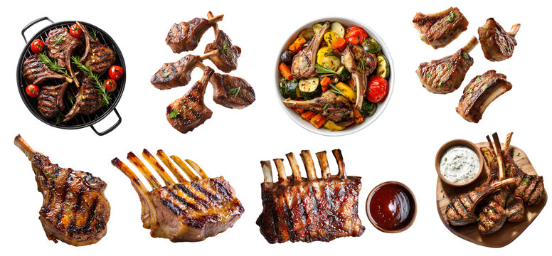 Set of rack of lamb rib leg, chop steak, with seasoning, barbeque bbq grill, plate, wooden serving board, sauce, pile stack isolated on transparent cutout PNG. Mockup template for design	 - Powered by Adobe