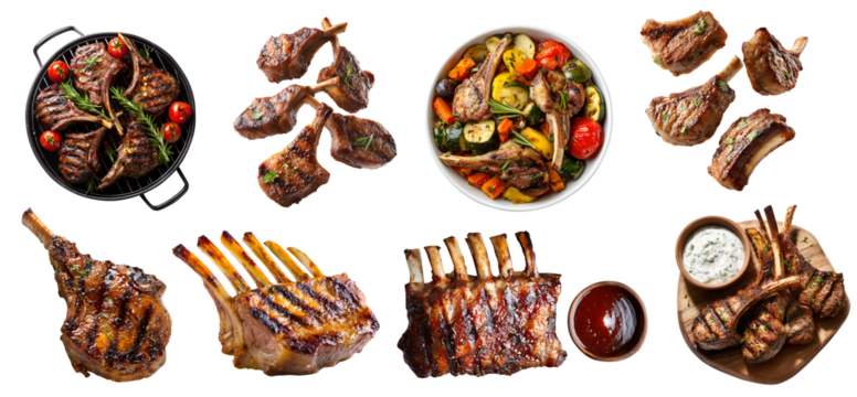 Set of rack of lamb rib leg, chop steak, with seasoning, barbeque bbq grill, plate, wooden serving board, sauce, pile stack isolated on transparent cutout PNG. Mockup template for design	