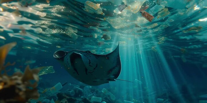 Plastic sea. A powerful visual highlighting marine pollution, featuring a Stingray beneath a surface littered with plastic waste &mdash; raising awareness about ocean conservation and environmental damage.