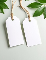 Blank White Tags Mockup with Twine and Green Leaves