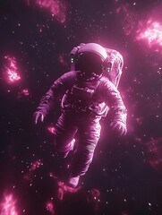 Obraz premium A vibrant, glowing astronaut floats amidst swirling, pink nebulae in deep space.