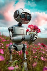 Un adorable robot tenant des fleurs dans la main, debout dans un champ de fleurs sauvages roses et rouges sous un ciel nuageux.