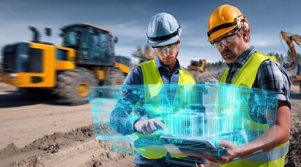 Deux ingénieurs travaillant sur un chantier de construction avec une tablette numérique affichant un modèle de bâtiment holographique et des plans, avec un arrière-plan de machines et de véhicules en 
