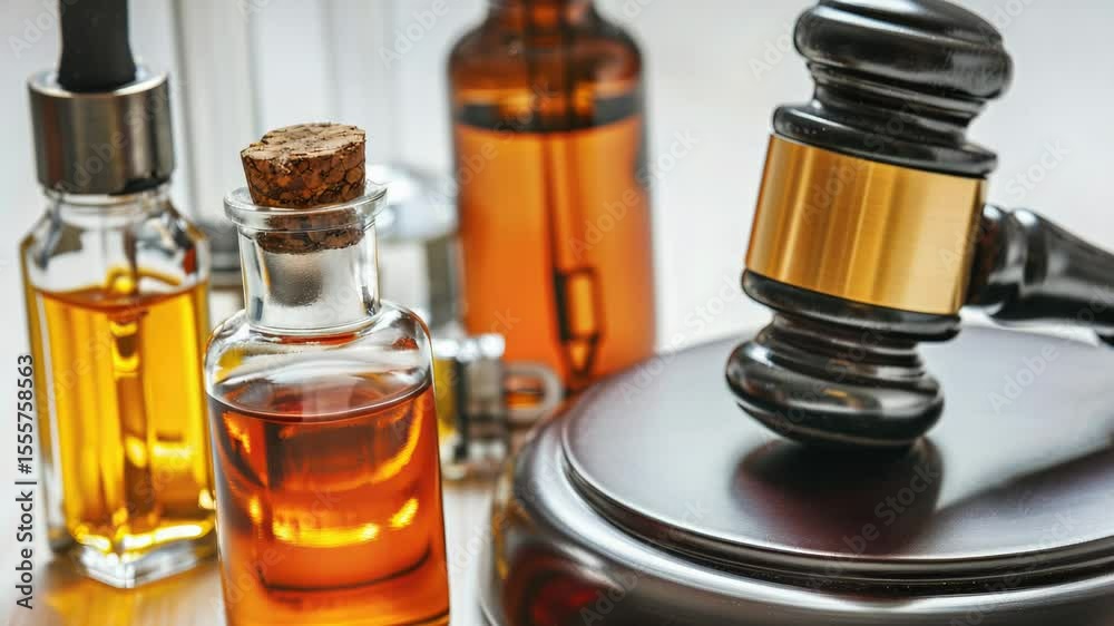 Poster a close-up view of a judge's gavel surrounded by bottles of essential oils, perfect for legal or wel