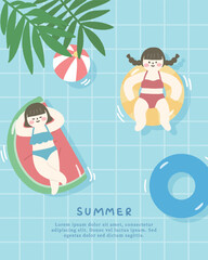 Hand drawn summer template background with swimming pool and leaves.