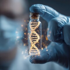 Unlocking Genetic Secrets: A Gloved Hand Holds a Vial with a Glowing DNA Helix, Symbolizing Breakthroughs in Biotechnology.