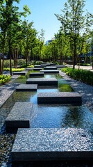 Obraz premium Modern Urban Park with Water Features and Green Trees on Sunny Day