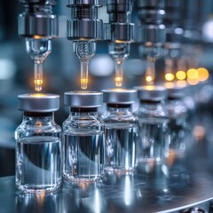 Precision in Production: Automated Fillers Dispensing Medical Liquids into Vials on a Pharmaceutical Assembly Line, Ensuring Quality and Efficiency.